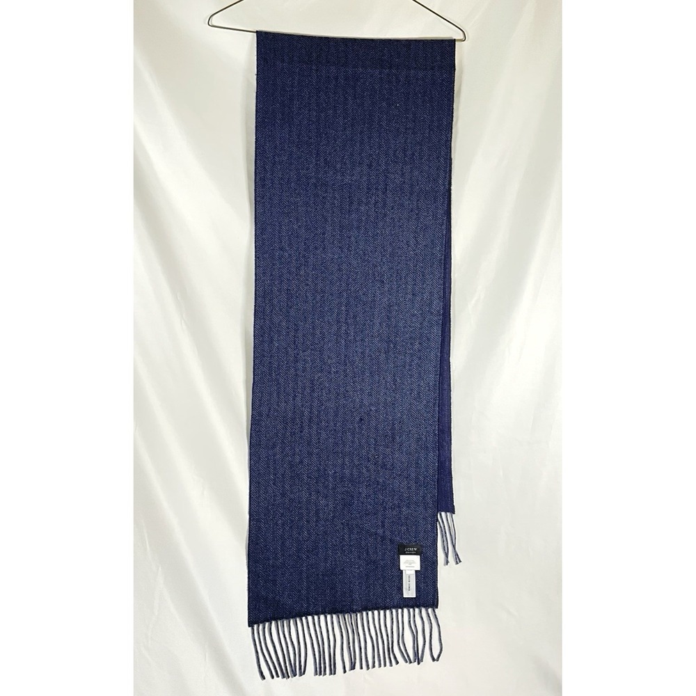 J Crew Cashmere Reversible Scarf Mens 65x12‎ Navy Herringbone Pin Stripe Fringe